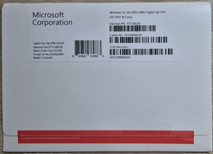 Windows Server 2022 Standard (16 core) ОЕМ DVD English Офіційний Ліцензійний (P73-08328)
