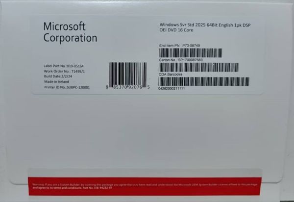 Windows Server 2025 Standard (16 core) ОЕМ DVD English Офіційний Ліцензійний (P73-08749)