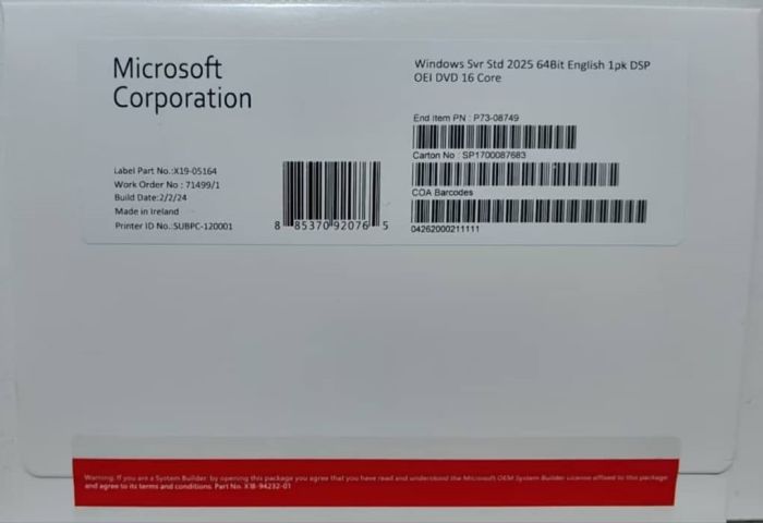 Windows Server 2025 Standard (16 core) ОЕМ DVD English Офіційний Ліцензійний (P73-08749)