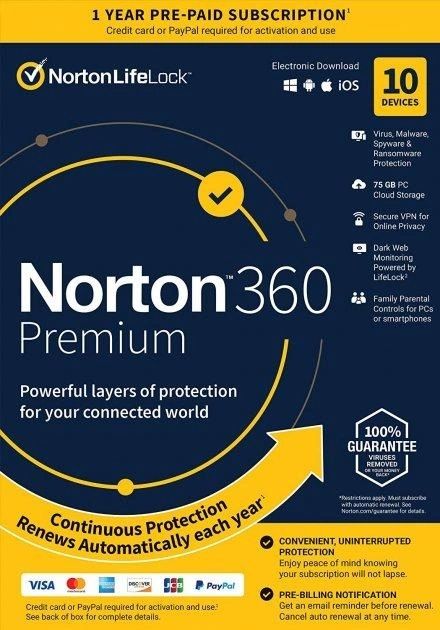 Norton 360 Premium 75 GB на 10 Пристроїв, на 1 Рік, Європа EU
