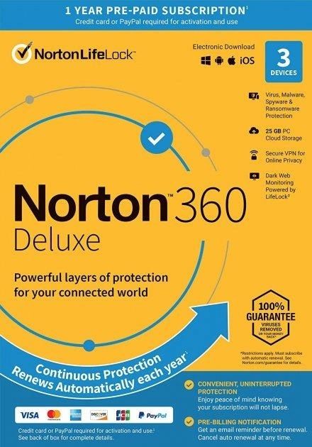Norton 360 Deluxe 25 GB на 3 Пристрої, на 1 Рік, Європа EU