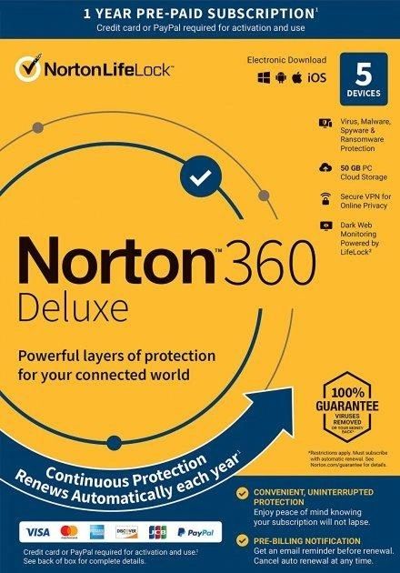 Norton 360 Deluxe 50 GB на 5 Пристроїв, на 1 Рік, Європа EU